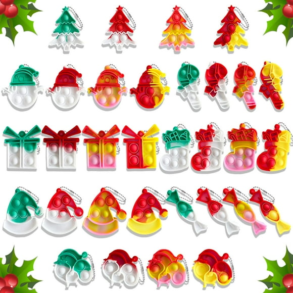 32Pcs Christmas Mini Pop Keychain Fidget Toys Mini Pop Bubble Christmas Fidget Toy Silicone Mini Pop Toys Bulk for Kids Anxiety Stress Reliever for Adults