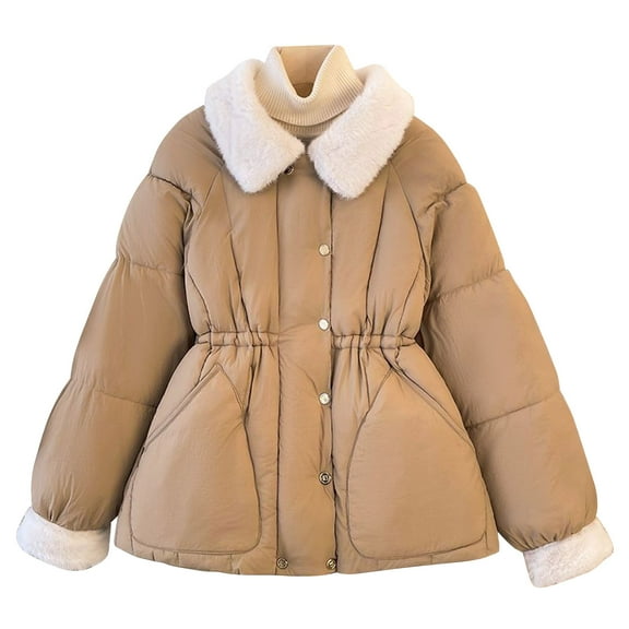 hoksml Women's Short Puffer Jacket with Soft Plush Lapel Collar Tapered Waist Thickened Winter Coat with Pockets