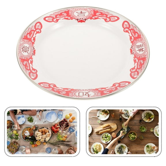 HEMOTON  Enamel Food Dish Round Plate Blue and White China Plates Sweet Tray Large Platter