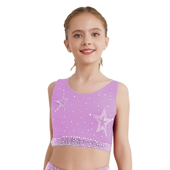 inlzdz Girls Shiny Rhinestones Crop Tops Gymnastics Dance Tank Tops Crisscross Back Cropped Shirts Light Purple 12