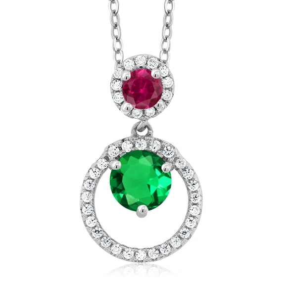 Gem Stone King 925 Sterling Silver Green Nano Emerald and Red Created Ruby Pendant Necklace for Women (1.62 Cttw, Gemstone May Birthstone, Round 6MM and 4MM)