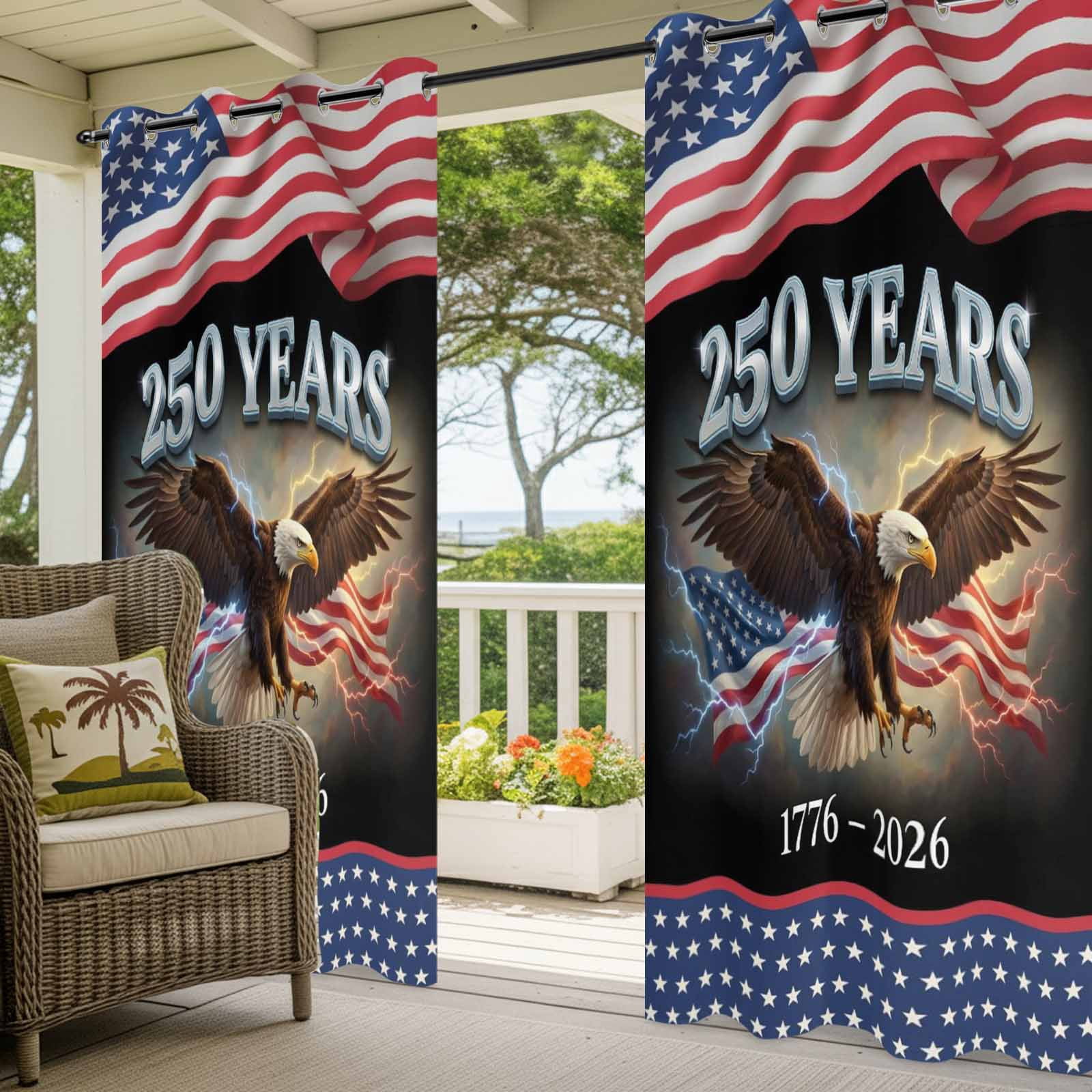 America Years Eagle Outdoor Curtains for Patio, Independence Day Lightning Red Blue Star Flag Sunshade Privacy Drapes Grommet Waterproof Outside Curtains for Porch/Cabana/Balcony 54"x 108", 1 Panel
