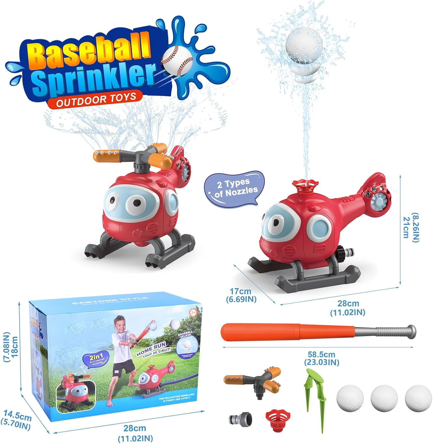 Baseball Sprinkler for Kids, Helicopter Toy Outside Toys for Kids Ages 4-8, Water Toys for Kids Ages 3-5, 2 in 1 T Ball Set Best Backyard Toys, Lawn Pool Birthday Gifts for Boys Girly Ages 4+