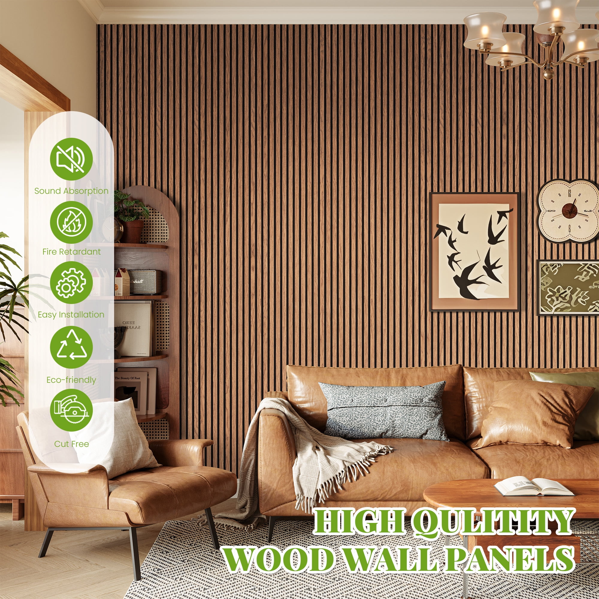 Easy4Home 2Pcs 94.5"x23.6" Wood Slat Acoustic Wall Panels, 3D Fluted Soundproof Decorative Panels for Interior Walls, Classic Brown