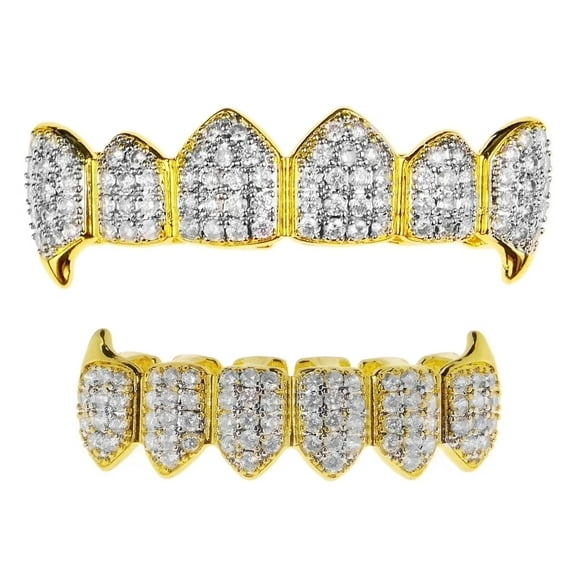Vampire Fang Grillz 18k Gold Plated With SIlver Two-Tone Teeth Fangs Mouth Grills