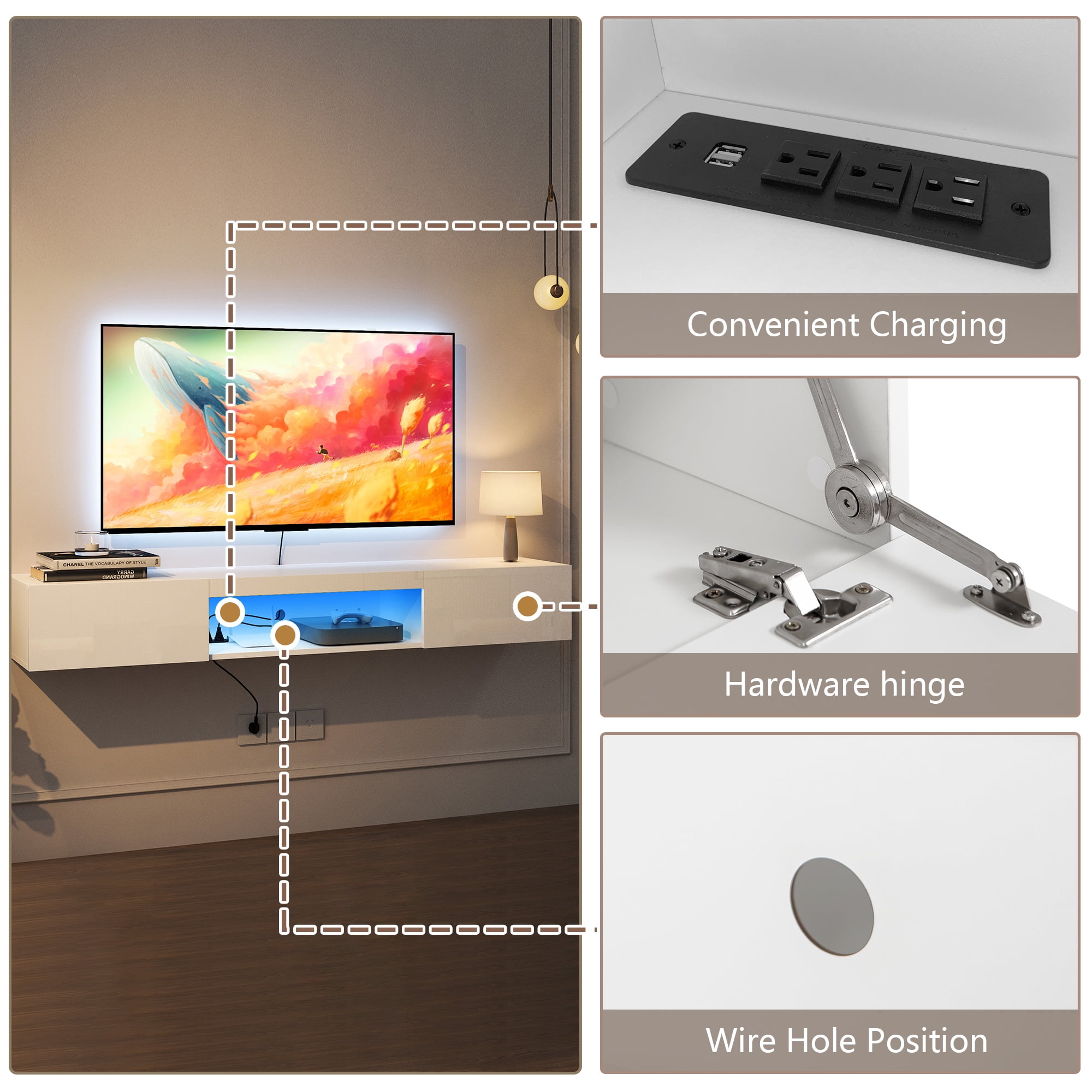 Resenkos Floating TV Stand Wall Mounted with LED Lights and Charging Station, Modern High Gloss Entertainment Center for 70Inch TVs, White