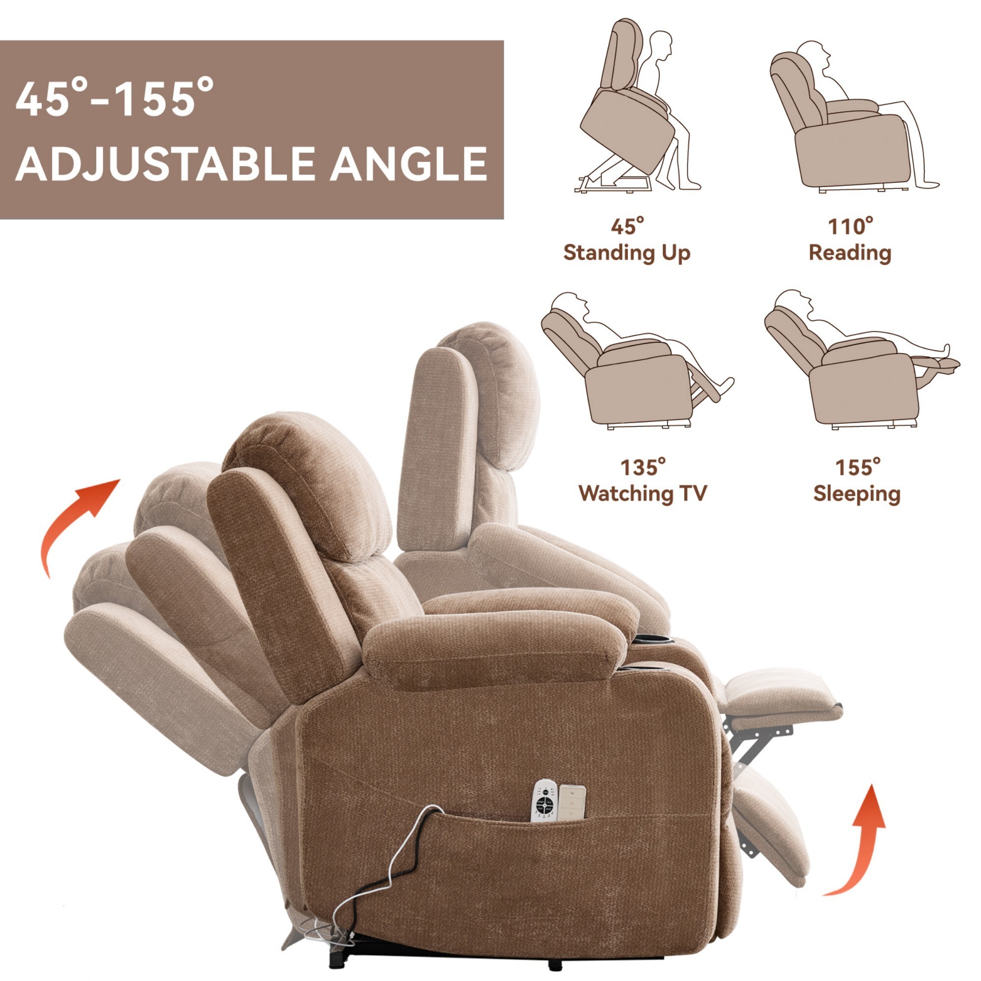 AENKYO Power Lift Recliner Chair with Massage & Heat, Adjustable Backrest & Footrest, Side Pockets & Cup Holders, Brown