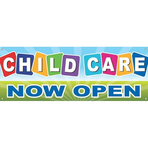 18x8 Inch CHILD CARE NOW OPEN Vinyl Banner Sign with Grommets bgb