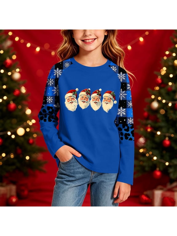 Girls Christmas Graphic Raglan Top, Stretchy Christmas Print Crew Neck Long Sleeve Casual Pullover Shirts for Holiday Party Blue Size 3-4T