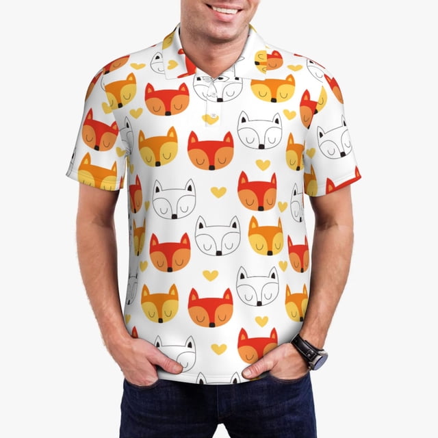 Fotbe Cute Fox with Heart Camiseta Polo de Golf para Hombre con Estampado – Camisa Deportiva Transpirable con Cuello Abotonado-Small