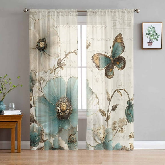 Turquoise Flowers Semi Sheer Curtains 96 Inch Length 2 Panels Set, Vintage Farmhouse Spring Butterfly Sheer Kitchen Curtain Privacy Voile Window Curtain for Living Room Bedroom Rod Pocket Drapes