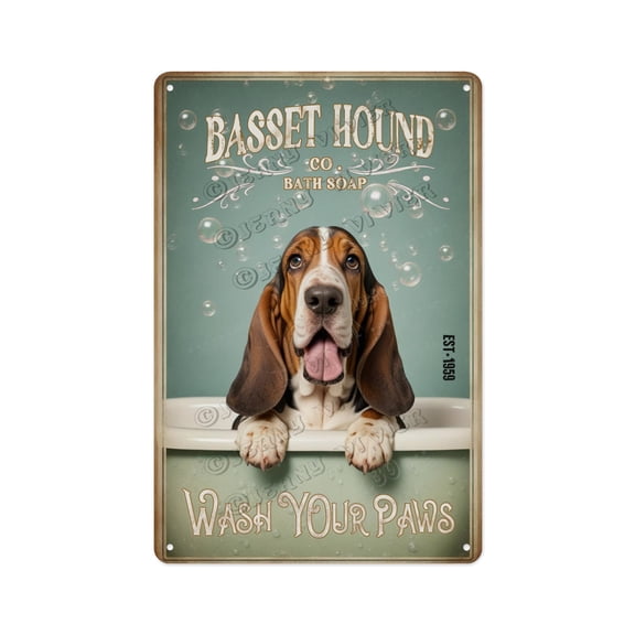 Retro Aluminum Metal Sign, 8 x 12 Inches, Basset Hound Dog Wash Your Paws Sign, A Fun and Functional Decoration for Kitchens, Offices, or Pet Areas, Ideal for Pet Owners