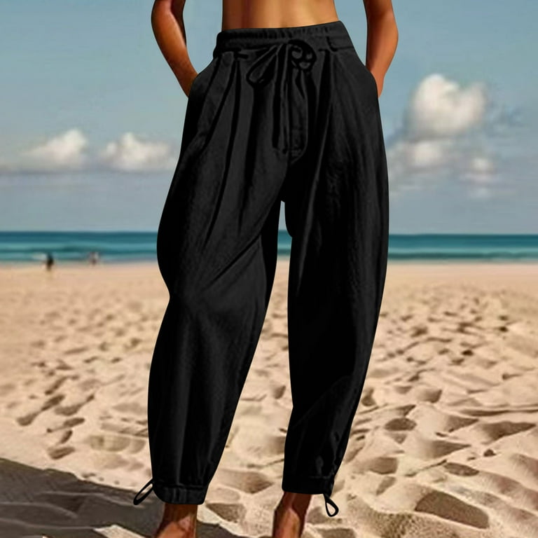SOMER Linen Pants Women Wide Leg Cropped Capri Pants For Women With Drawstring High Waist Loose Fit Summer Beach Trousers With Pockets, Apricot