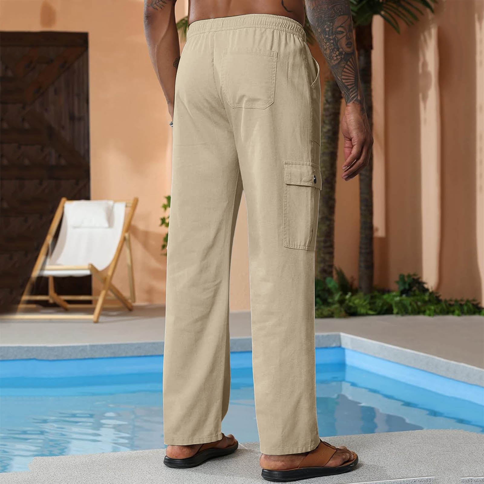 Men's Casual Linen Pants Elastic Waist Drawstring Yoga Beach Pants ...