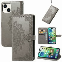 Dteck for Apple iPhone 15 Plus Wallet Case with Card Holder,Shockproof PU Leather Kickstand Card Slots Case,Embossed Floral Cover with Hand Strap for iPhone 15 Plus,Gray