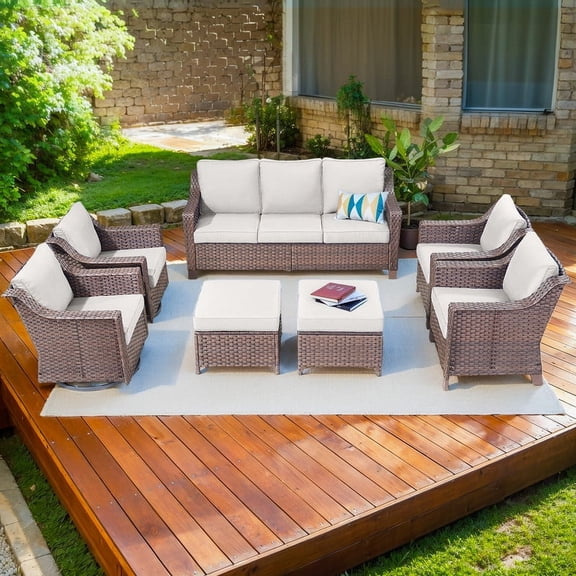 PARKWELL 7 Pieces Outdoor Patio Furniture Set 9-Seat High Back Wicker Conversation Set with Swivel Glider and Patio Chairs for Balcony Yard,Brown Wicker Beige Cushion