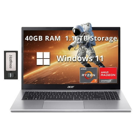 acer Aspire 3 15.6" FHD Laptop, AMD Ryzen 7 5700U, 40GB RAM, 1.16TB Storage(1TB SSD 160GB Docking Station Set), AMD Radeon Graphics, Numpad, Webcam, Wi-Fi 6, Win 11 Home, Silver