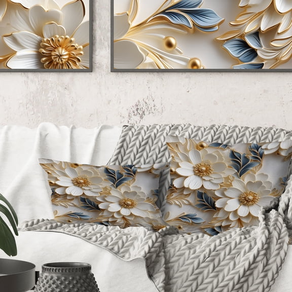 Designart "Elegance in Golden Blue & White" Marble Printed Throw Pillow