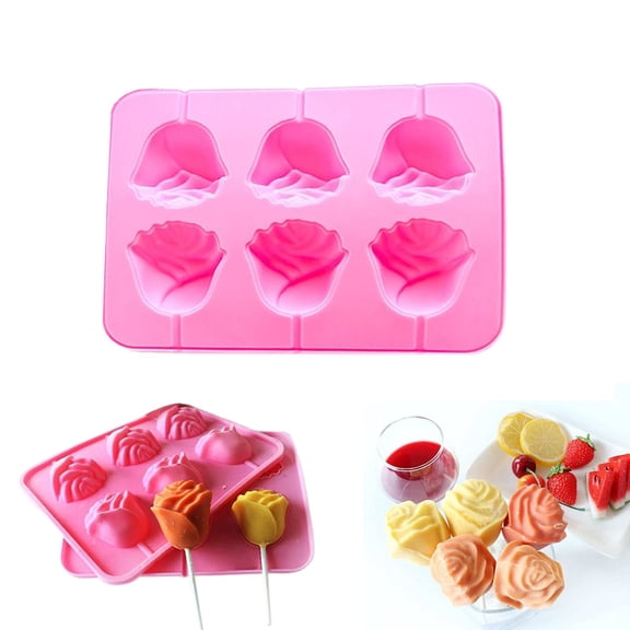 Rose Flower Silicone Cheese Stick Mold, 6 Cavity Valentine Chocolate Lollipop Mold for Candy Cake Pops, Food Grade Non Stick Baking Mold for Dessert Decorating