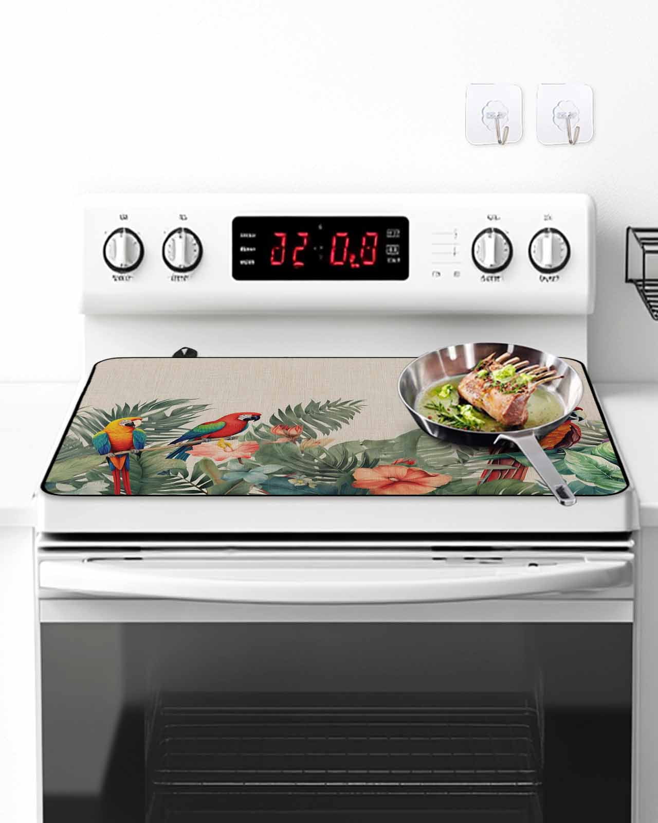 Stove Top Covers for Electric Stove, Summer Botanical Glass Stovetop Cover Protector, Tropical Plants Birds Farmhouse Induction Cooktop Protector Oven Mat for Kitchen Countertop 24"x21"