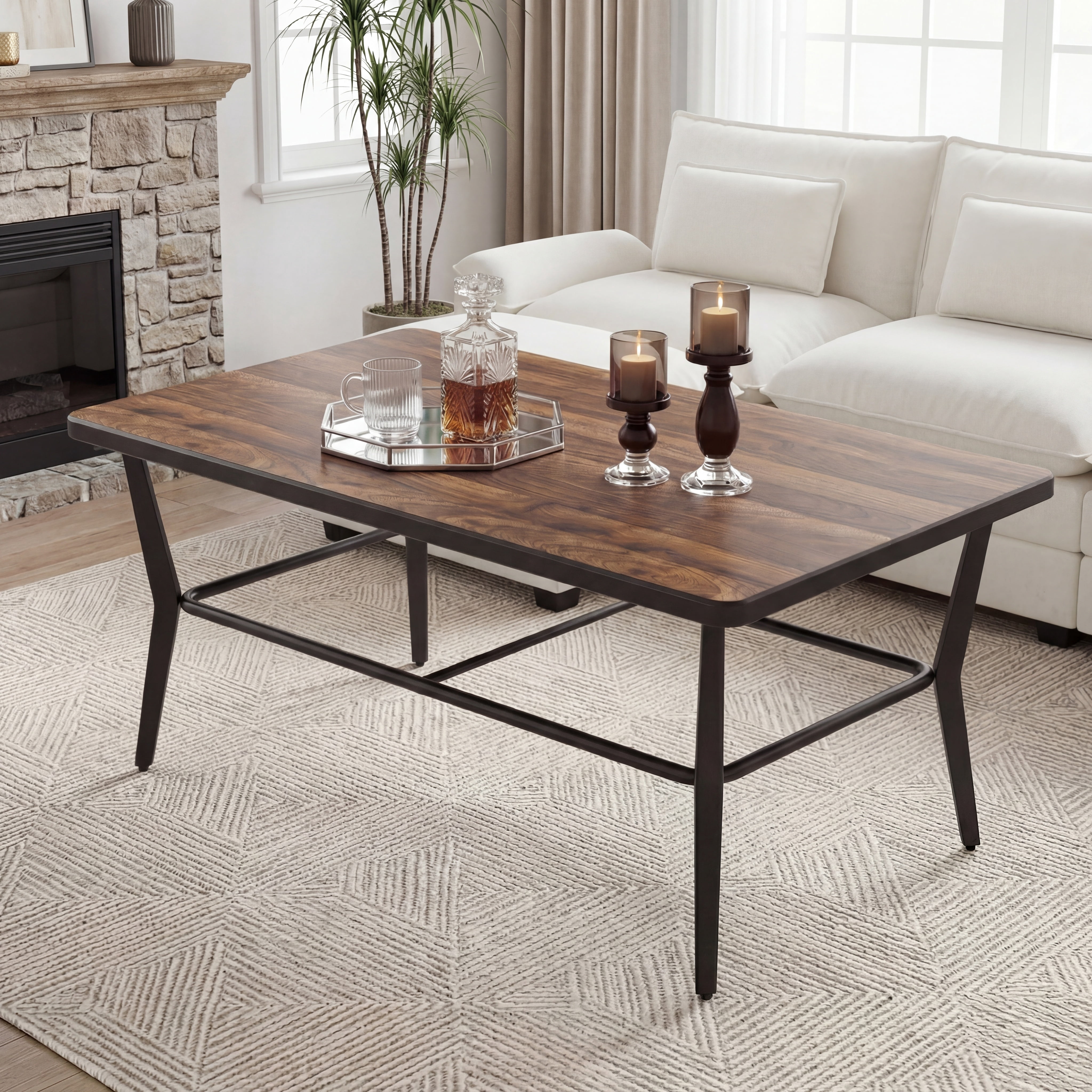 ALAULM Outdoor Coffee Table, 47" Rectangle Metal Patio Coffee Table with DPC Stone-Plastic Top, All-Weather Coffee Table for Patio, Garden, Balcony, Poolside