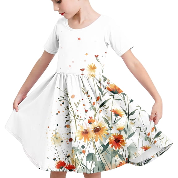 Amidoa Girls Summer Dresses Short Sleeve Floral Print A-Line Dresses Ruched Casual Kids Sundress Multicolor Size 5T