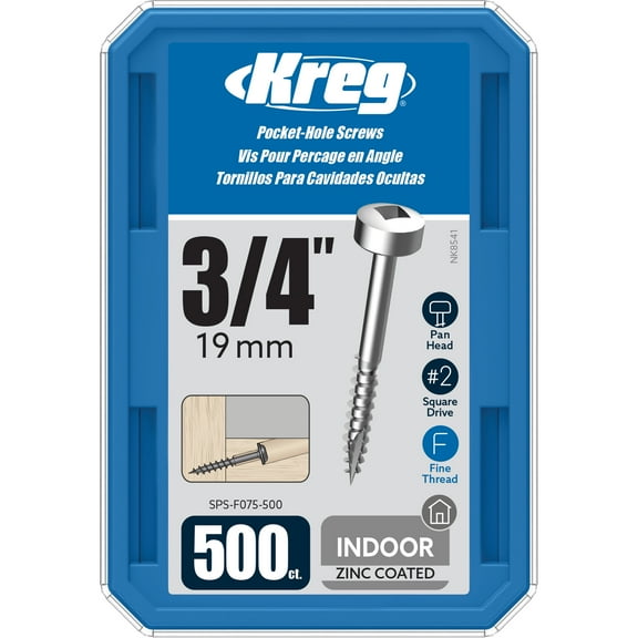 Kreg SPS-F075-500 Zinc Pocket Screws, 3/4-Inch, #6 Fine Thread, Pan Head (500 Count)