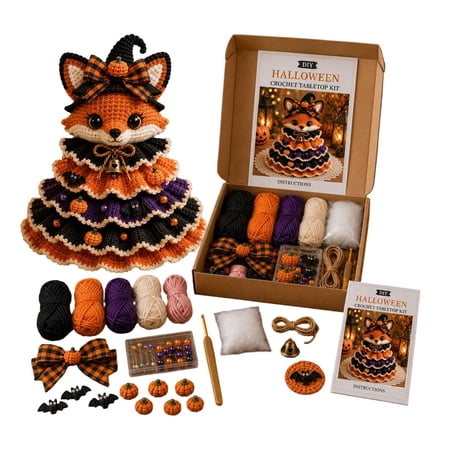 Halloween Crochet Tabletop Decor DIY Kit Crochet Animal Halloween Tree DIY Craft Kit with Pumpkin Cow Character Handmade Creative Holiday Craft Set for Adults Gift for Craft Lovers (B)