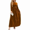 thumbnail image 3 of Women'S Elegant Velvet Belted Pleated Long Sleeve Cocktail Party Formal Wedding Guest A-Line Maxi Long Dress Brown M, 3 of 9