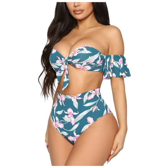 Babysbule Womens Swimsuits Clearance Women Printed Drawstring Lace Sexy Female Split Swimsuit