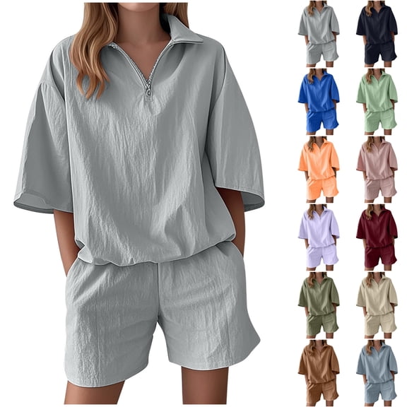 LIBRCLO Two Piece Outfits for Women Shorts and Crew Neck Short Sleeve Botton Up T-Shirts Summer Casual Solid Color Set