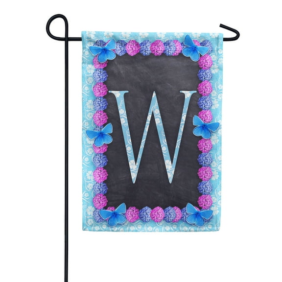 America Forever Spring Monogram Garden Flag Letter W 12.5 x 18 inches Double Sided Vertical Outdoor, Yard, Lawn, Decorative Seasonal, Hydrangeas, Blue Butterflies Bees Summer Floral Garden Flag