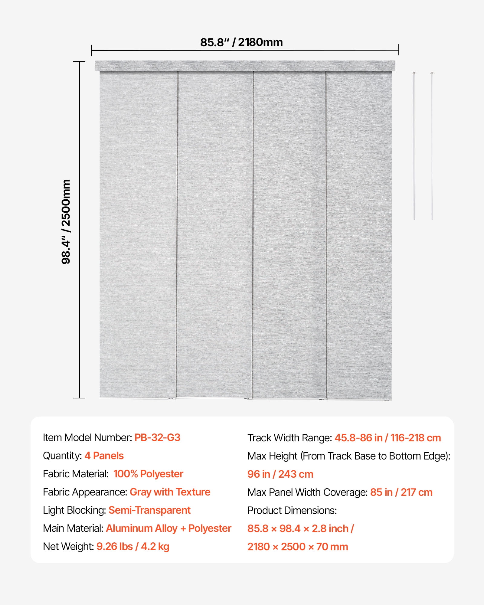VEVOR Panel Track Blinds,Extendable Track from 45.8 in to 86 in W, Trimmable Panel Curtains Up to 96 in H, Adjustable Vertical Panel Blinds for Sliding Doors, Patio Doors, Room Divider, Window, Gray