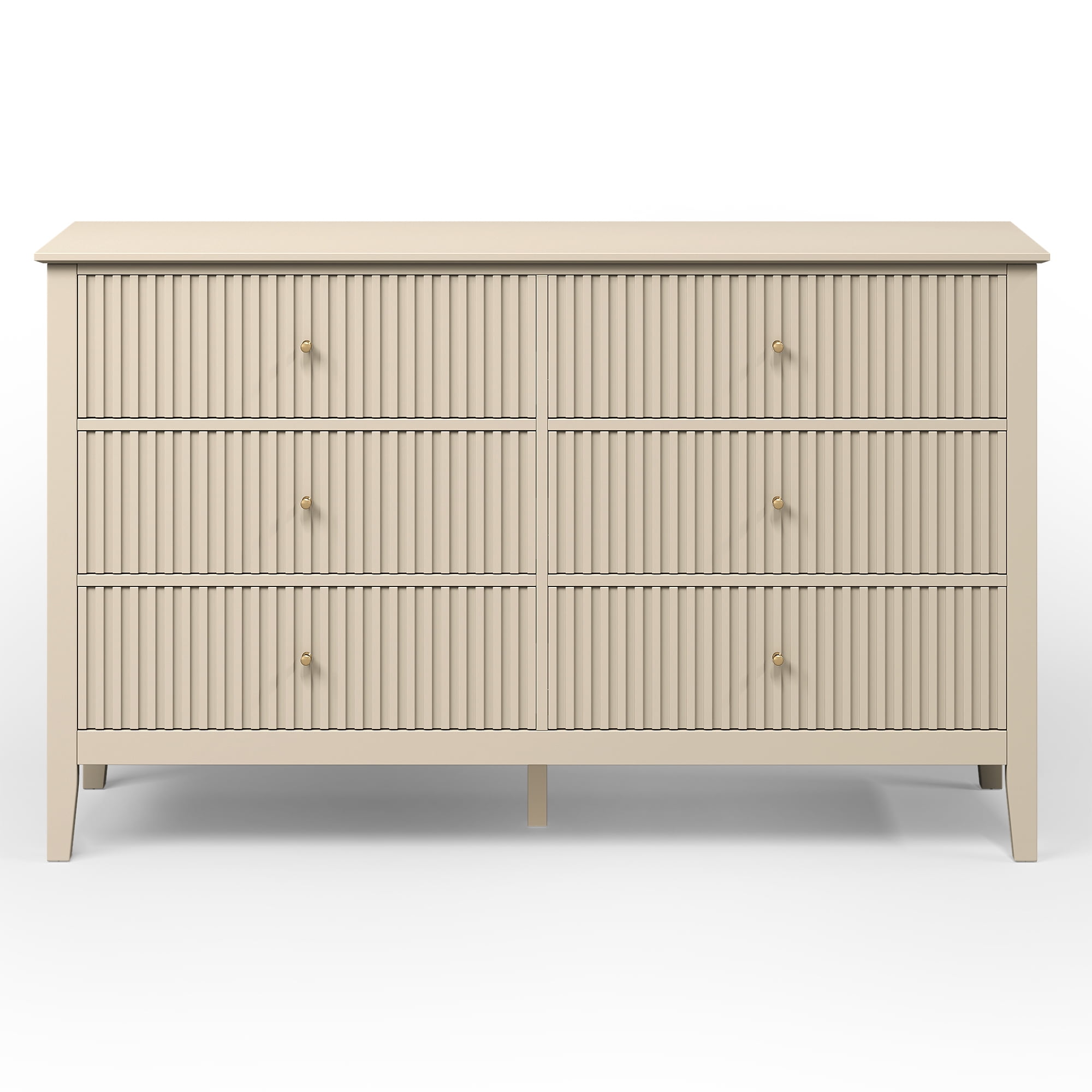 May in Color Fluted 6 Drawer Dresser, Wide Modern Chest of Drawers, Large Wood Storage Cabinet Organizer for Bedroom, Living Room, Hallway, Entryway, Beige