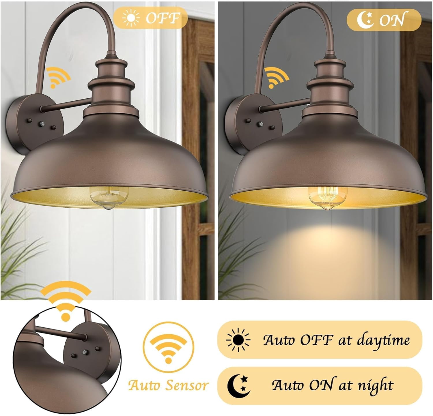 Dusk to Dawn Outdoor Barn Light Anti-Rust Outdoor Wall Sconce Farmhouse Exterior Lighting Fixture Wall Lantern Lamp for Porch,Garage(Oil Rubbed Bronze Finish+Gold Interior, 2 Pack)