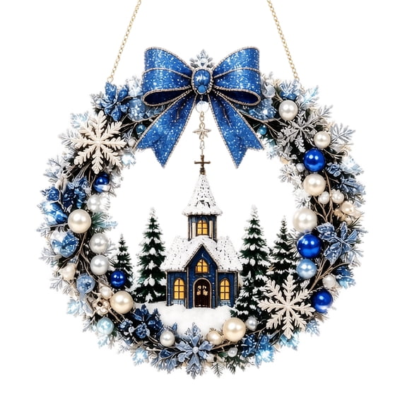Christmas Wreath Hanging Ornament Blue Winter Church Snowflake Design for Front Door Home Indoor Christmas Decor Holiday Gift