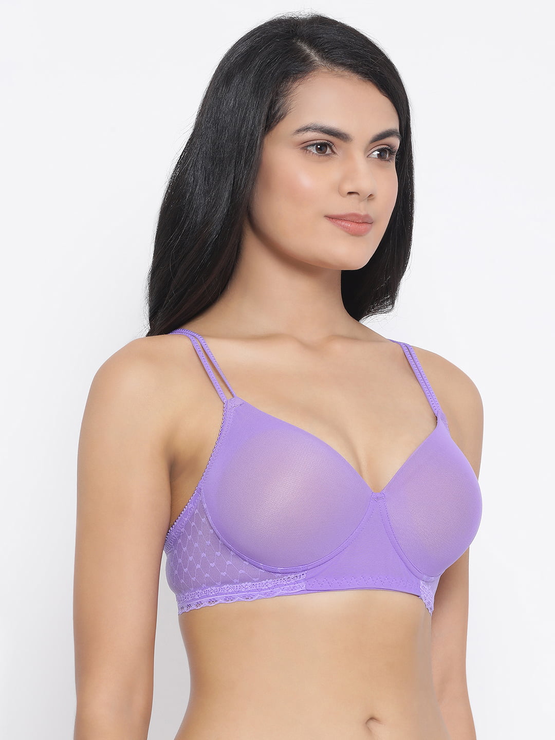 Clovia Padded Non-Wired Full Coverage T-shirt Bra with Lace in Light Purple  