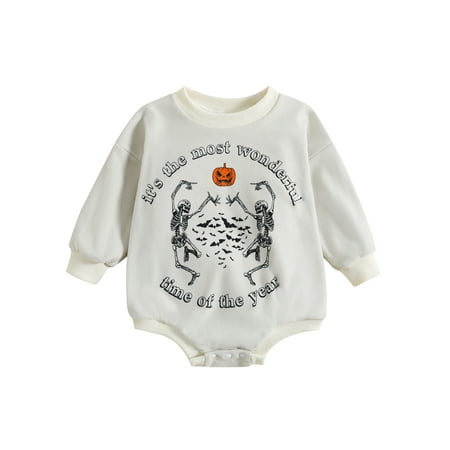 

Lamuusaa Baby Girls Boys Sweatshirts Rompers Halloween Clothes Skeleton Pumpkin Letter Print Long Sleeve Toddler Jumpsuits Fall Bodysuits
