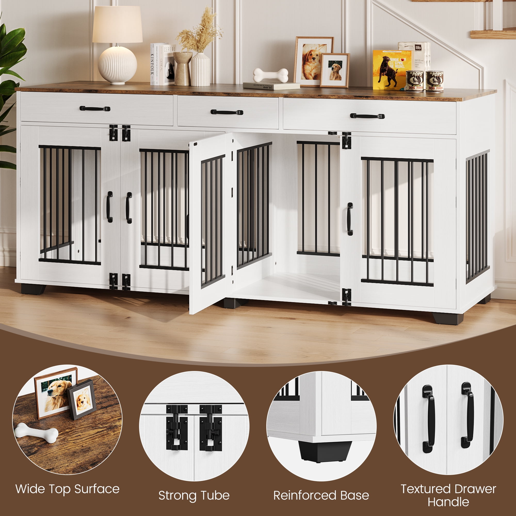 71-Inch Large Dog Crate with 3 Drawers for 2 Dogs, Spacious Wooden Indoor Kennel with Divider, Large Breed Dog Crate and TV Stand, Perfect for Medium Large Dogs