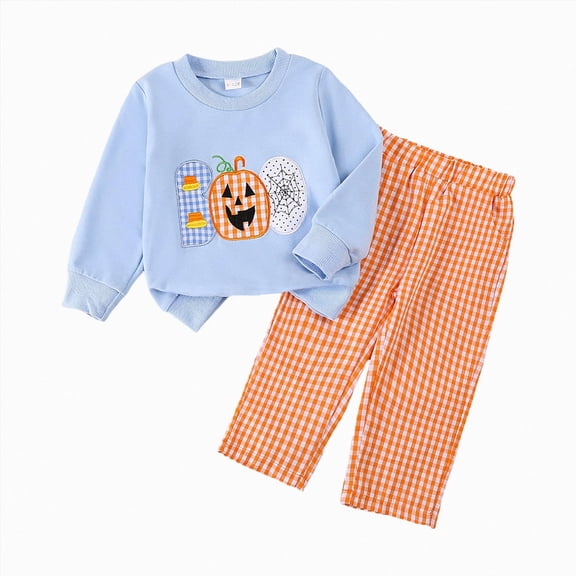 TOWED22 Toddler Baby Halloween Outfit Boy Girl Pullover Long Sleeve Sweatshirt Pants Pumpkin Outfit Fall Clothes,Sky Blue,2-3 Y