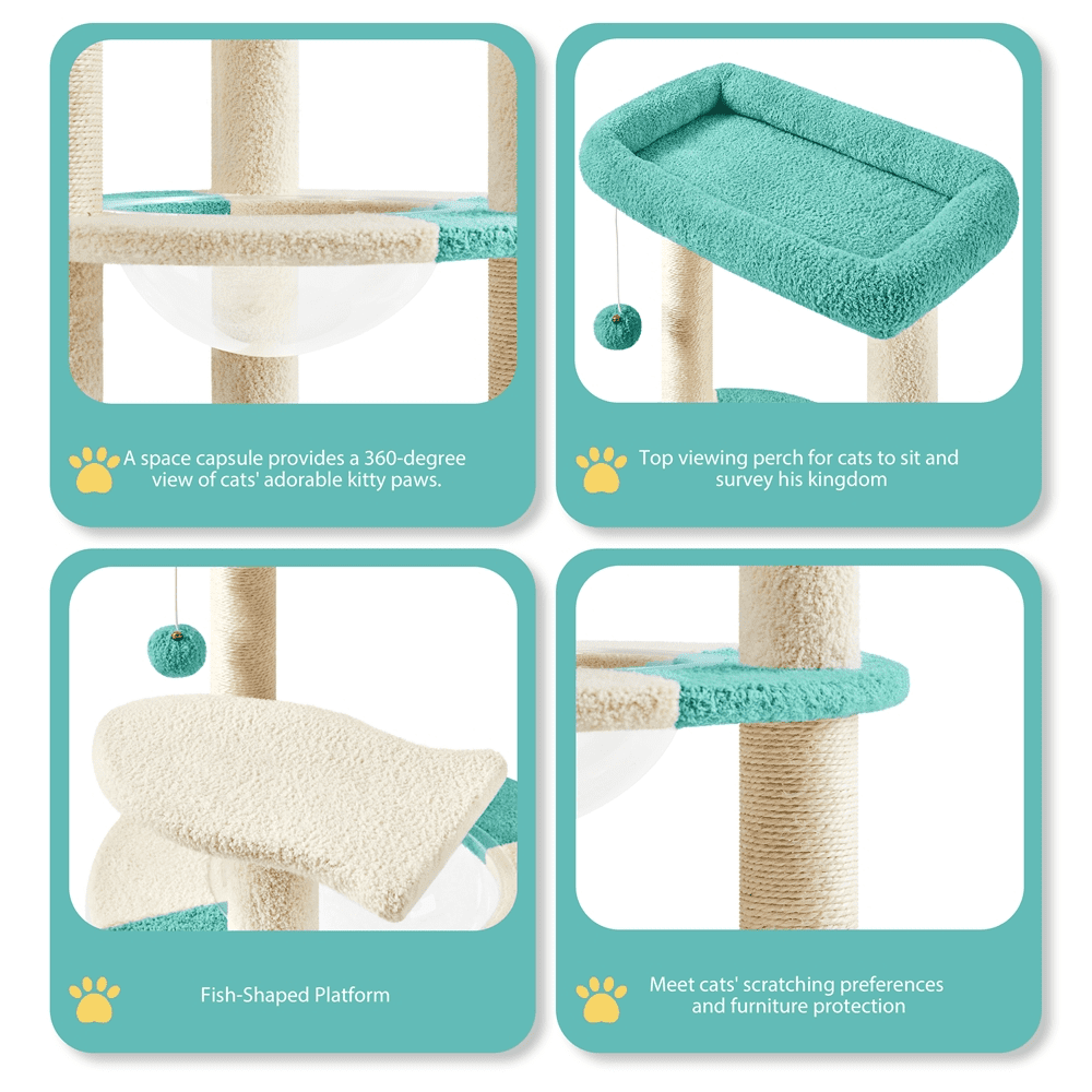 Alden Design 35.5″H Ocean Cat Tree with Padded Perch Natural Sisal for Kittens, Indigo/Beige