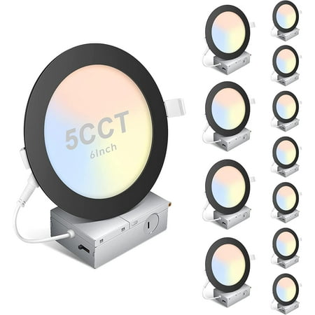 

12pack 6 Inch 5CCT Ultra-Thin LED Recessed Ceiling Light with Junction BoxDimmable 2700K/3000K/4000K/5000K/6000K Selectable15W 1200lm Canless Wafer Downlight ETL Energy