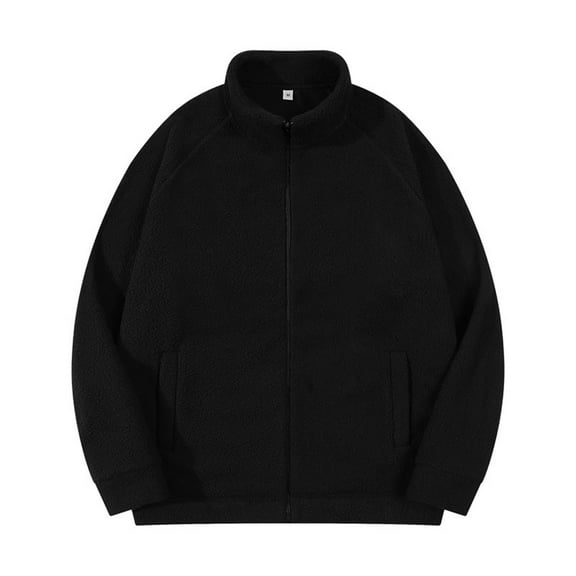 hopeusnice Men's Winter Lamb Wool Fleece Stand Collar Zipper Warm Thickening Coat Outwear Pockets Lambwool Teddy Overcoat Black L