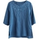 thumbnail image 1 of Camisetas de Cuello en V de Manga Corta para las Mujeres Lino Bordado 3/4 Manga Vintage Cuello Redondo Blusa, Suelto-Ajuste Casual Túnica Camiseta, 1 of 7