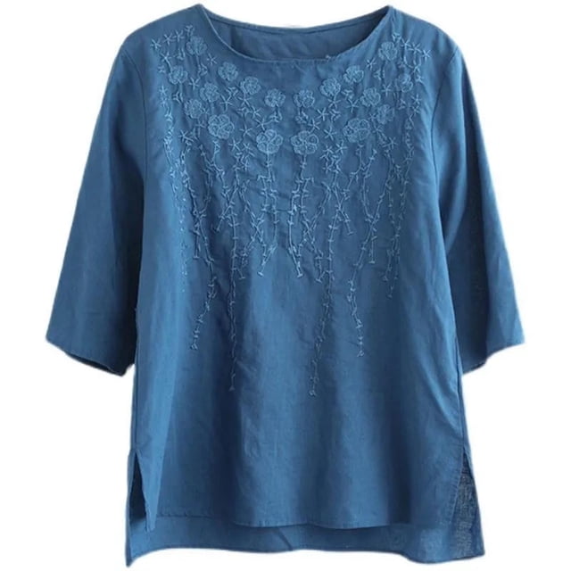 TaTaai Women's Casual Loose Linen Embroidered Crew Neck Three Quarter Sleeve Tops Vintage Stylish Soft Blouses for Spring Daily Office Dating Wear Gift