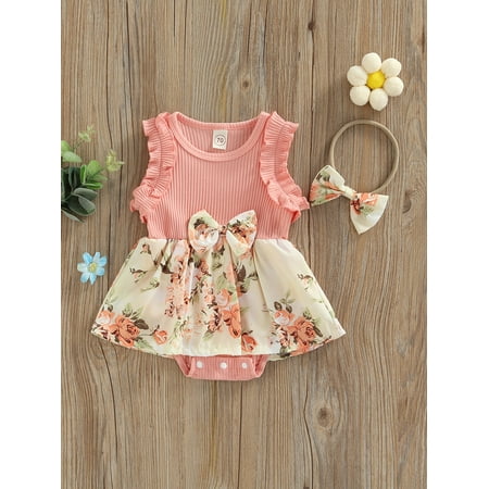 

Calsunbaby Infant Baby Girls Summer Romper with Headband Sleeveless Ribbed Crew Neck Floral Snap Triangle Jumpsuit