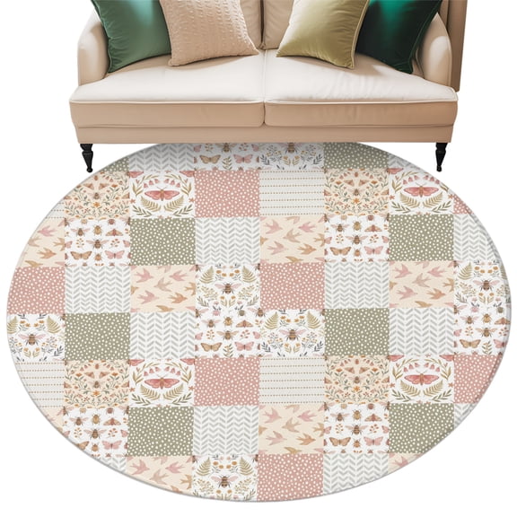 Spring Floral Checkered Round Rug 8ft Washable Circle Rugs Non Slip Farmhouse Botanical Plaid Large Area Rug Indoor Floor Carpet for Bedroom Kitchen Living Room Home Office Dining Room Nursery