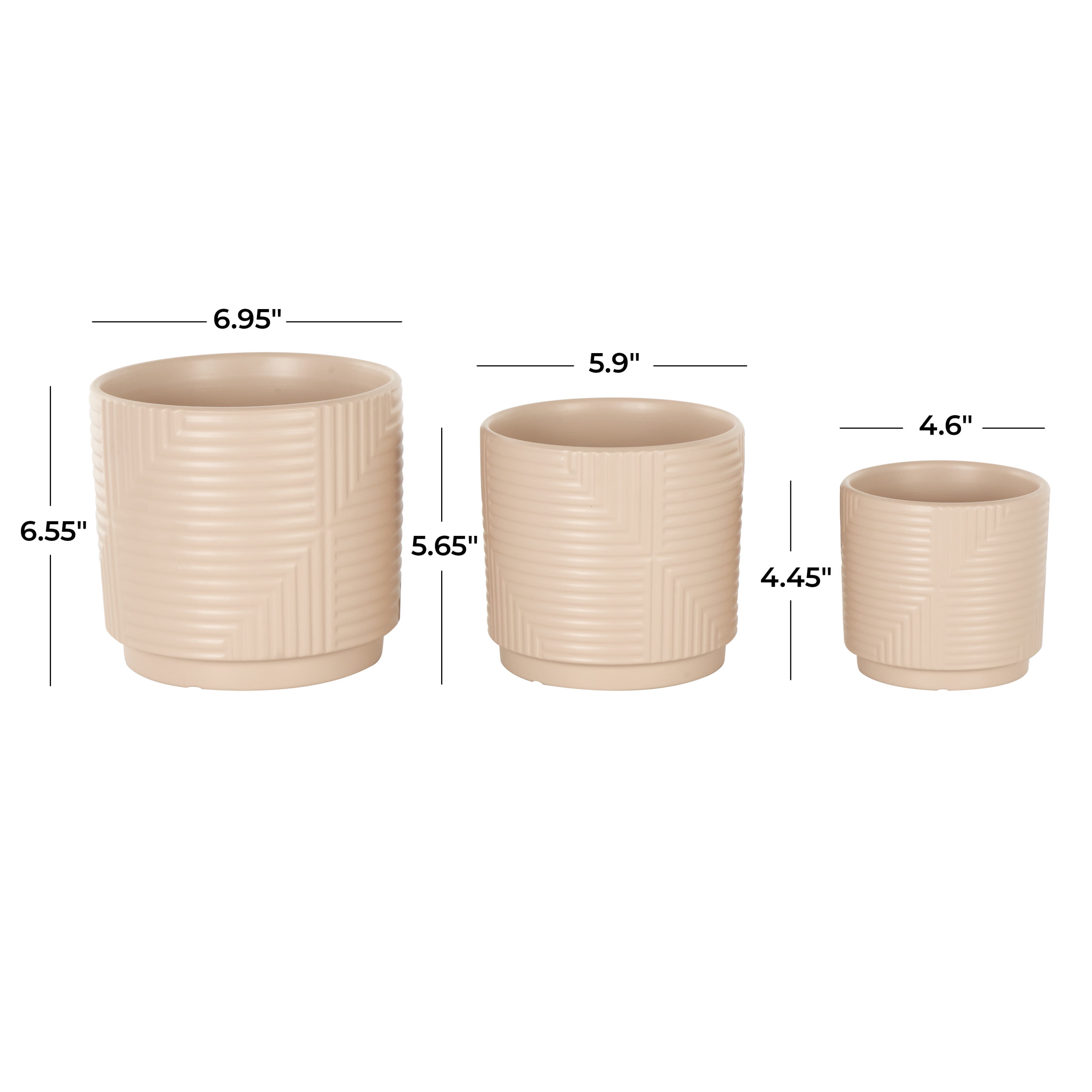 DecMode 7", 6", 5"W Pink Ceramic Geometric Planter with Layered Square Shaped Grooves (3 Count)