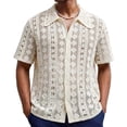 thumbnail image 2 of ZunFeo Mens Cotton Crochet Knit Short Sleeve Button Down Camp Collar Shirt Breathable Summer Vacation Tops Striped Multicolor,Size M, 2 of 9
