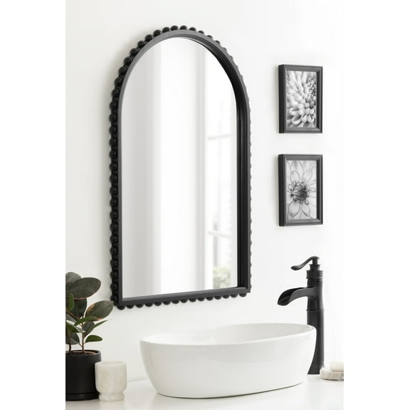 Kate and Laurel Beadbrook Modern Beaded Arched Mirror, 20 x 30, Black, Transitional Arch Wall Mirror for Use as Bathroom Mirror or Entryway Mirror Decor